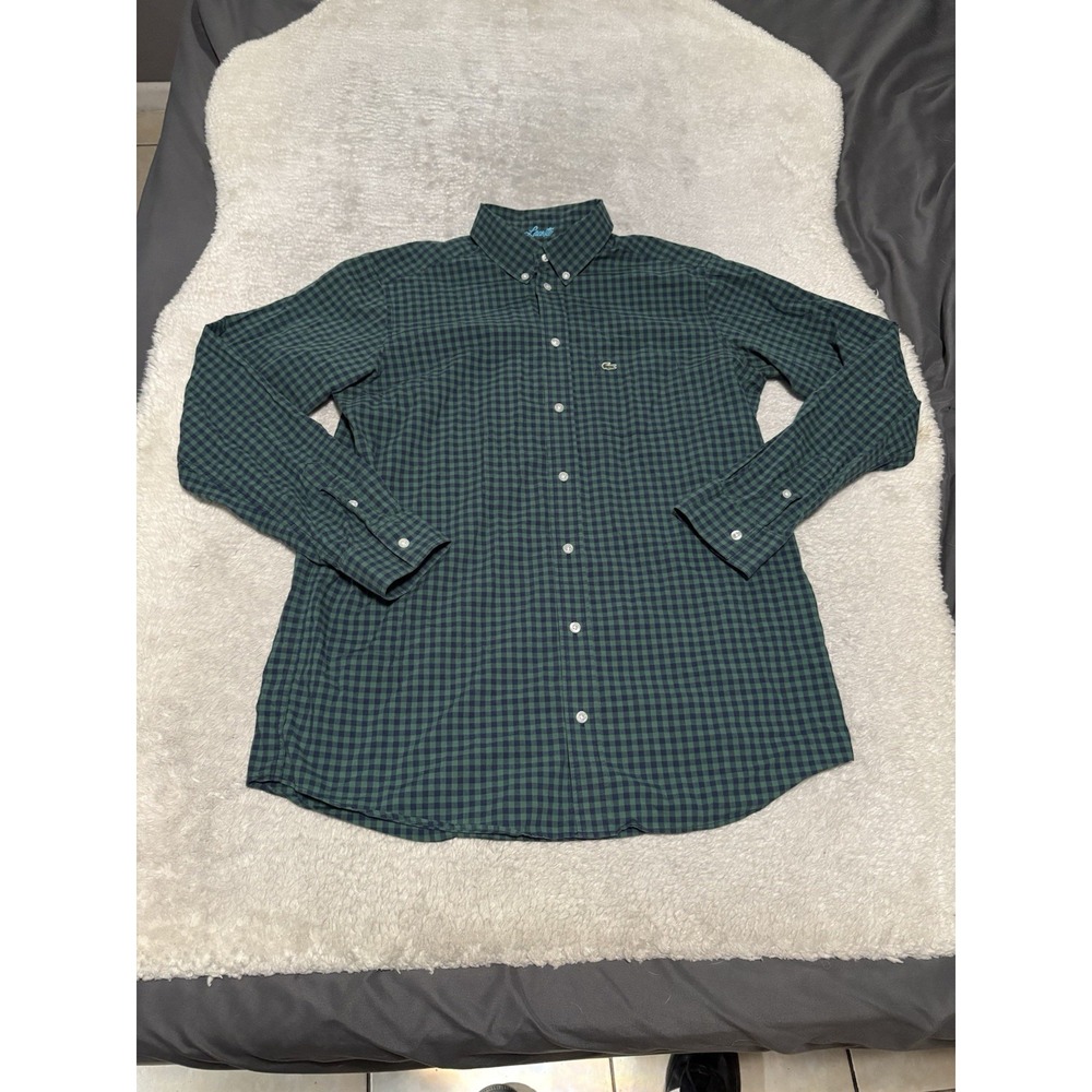 Lacoste Button Down Oxford Green Blue Gingham Check Shirt Boys Size 16